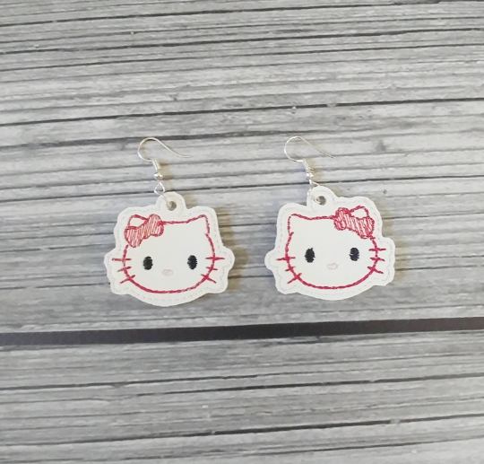 White Kitty Vinyl Embroidered Earrings
